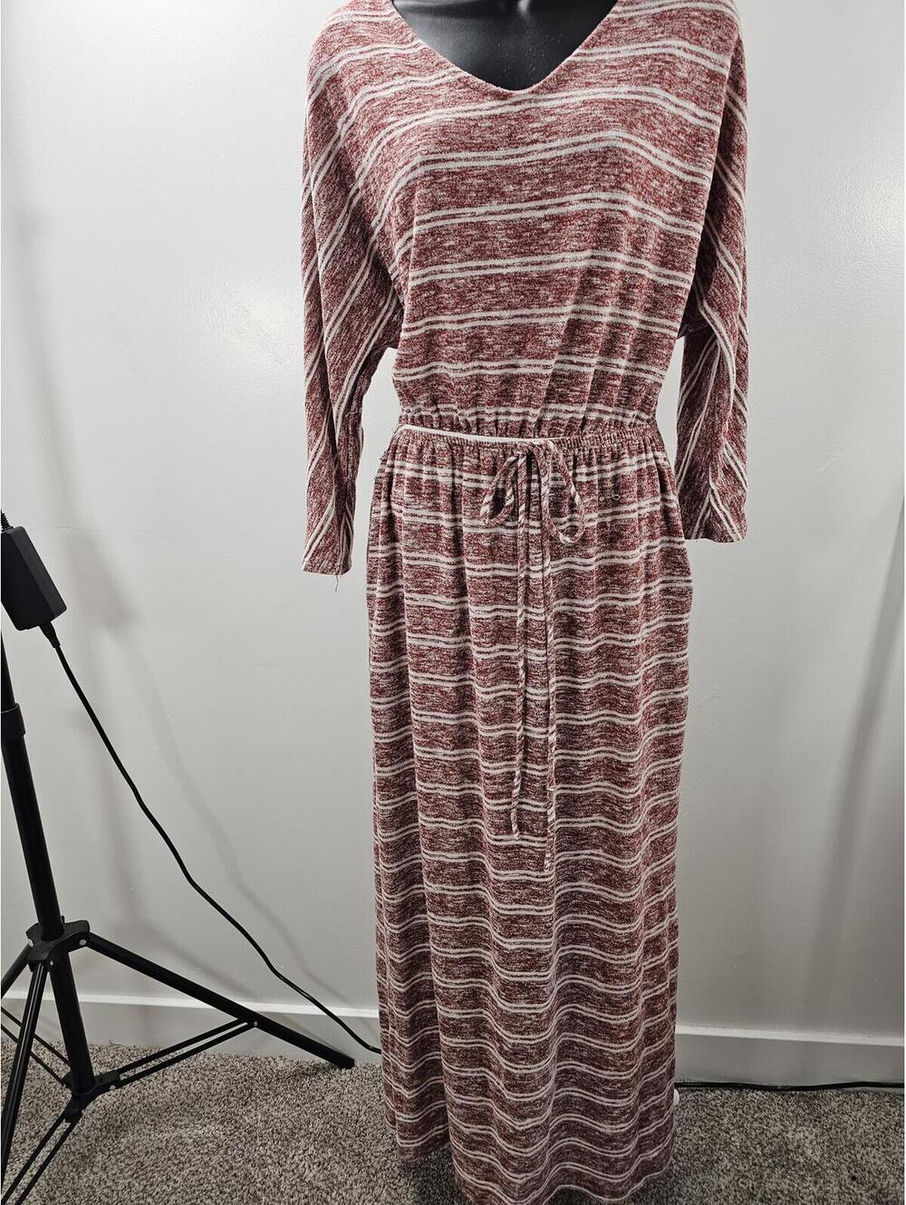 Miracle Berry Cozy Striped Long Sleeve Maxi Dress with Waist Tie